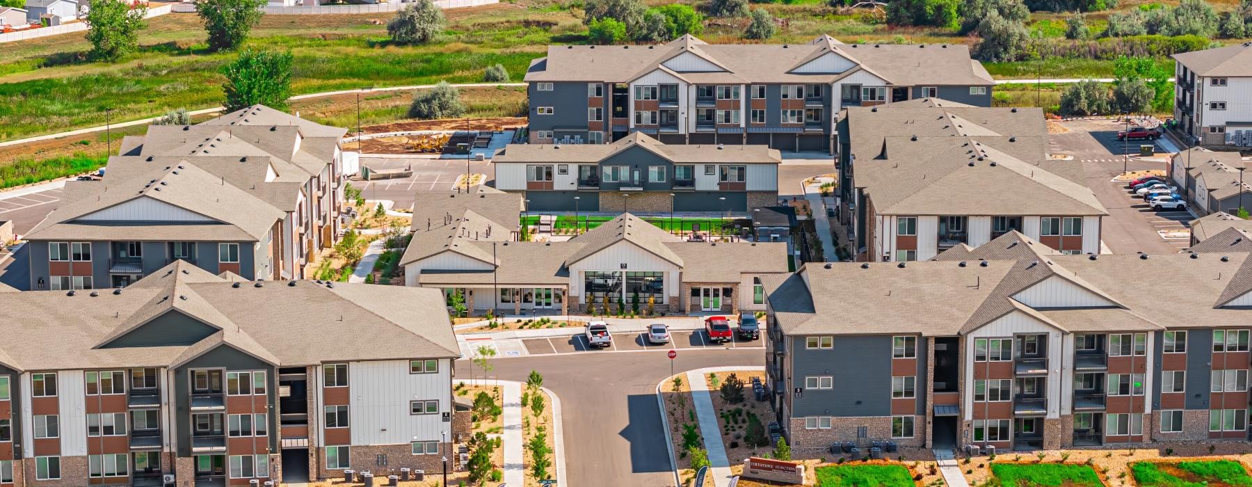 a group of buildings and a road
