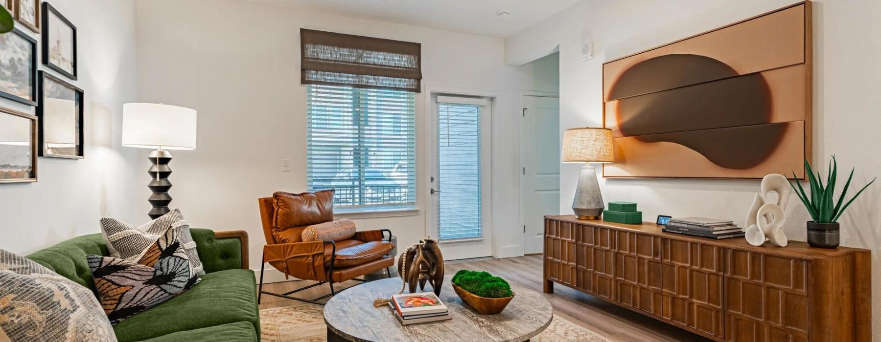 a living room with a large mirror