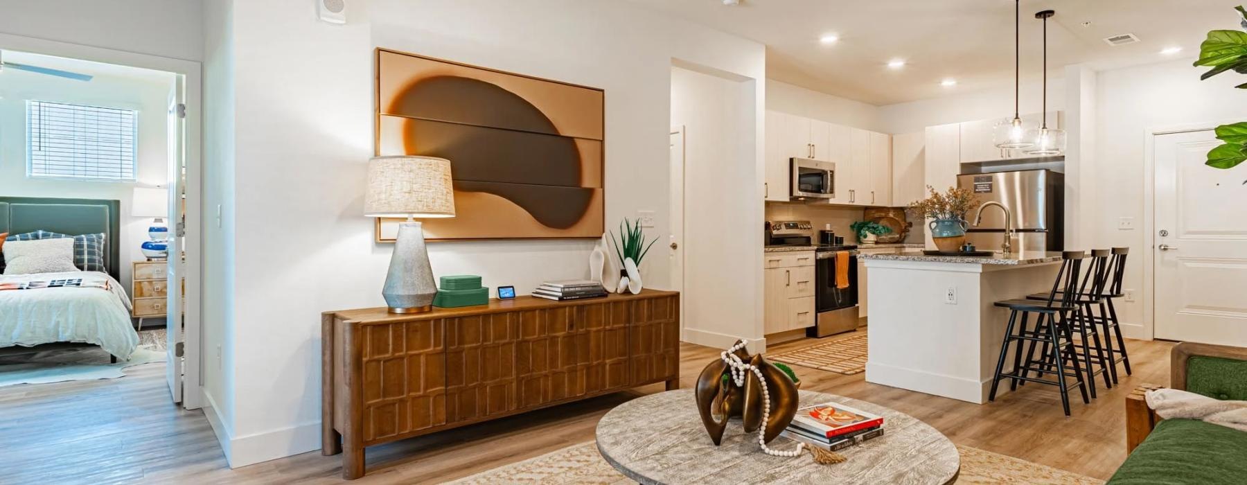 a living room with a large mirror